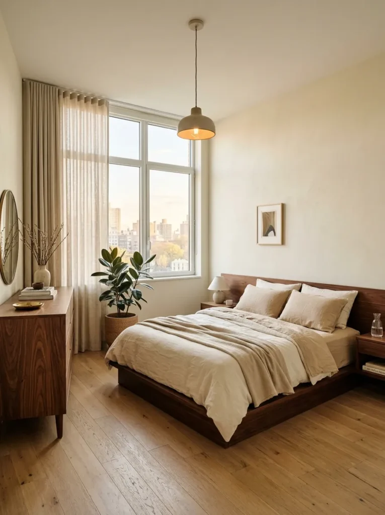  Earthy bedroom with deep walnut furniture pieces anchoring a warm neutral palette 