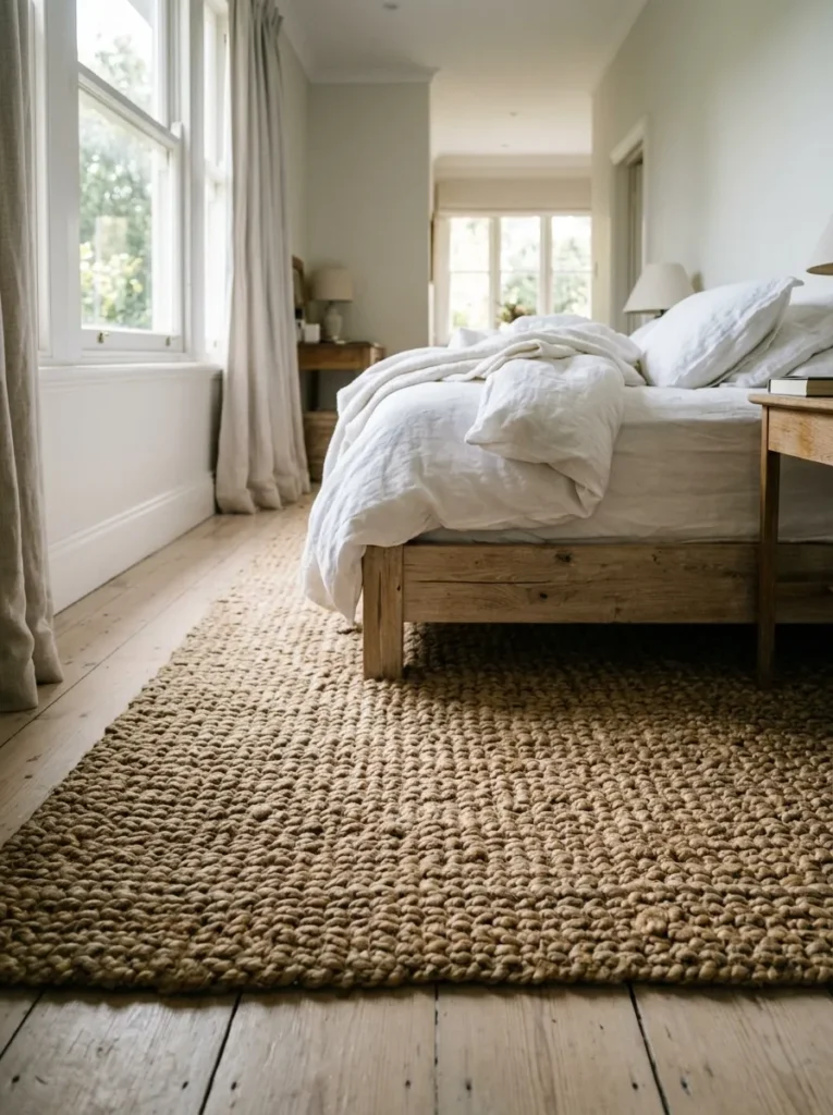 Close floor-level view of a large jute rug in a white bedroom, showing its natural weave texture with white linen bedding and pale floorboards visible beyond
