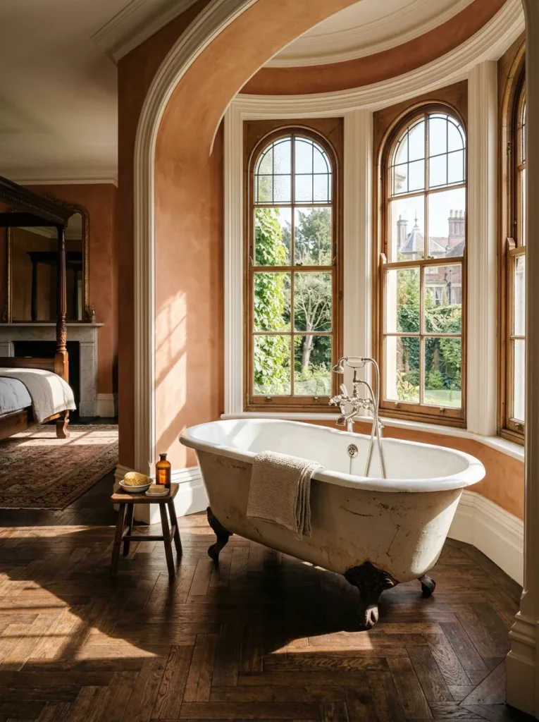  Reclaimed clawfoot bathtub positioned in a large bedroom alcove with a period faucet 