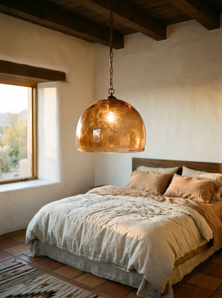  Handmade matte clay pendant light hanging above the bed in a warm organic bedroom