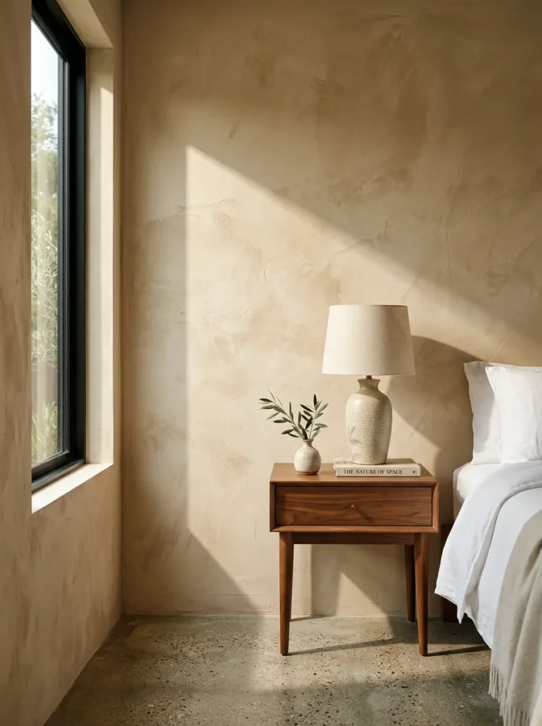 Bedroom with hand-applied warm sand limewash plaster walls and a wood nightstand 