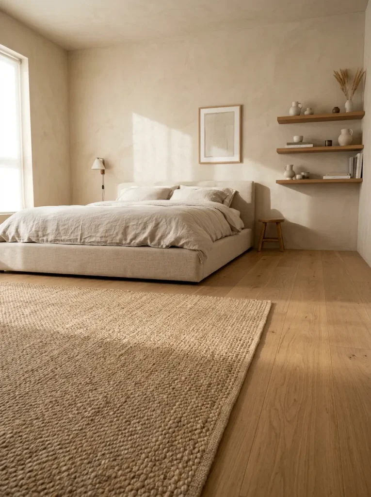 Low-angle view of a minimal bedroom with completely clear oak floor, flat-weave jute rug extending around a low platform bed