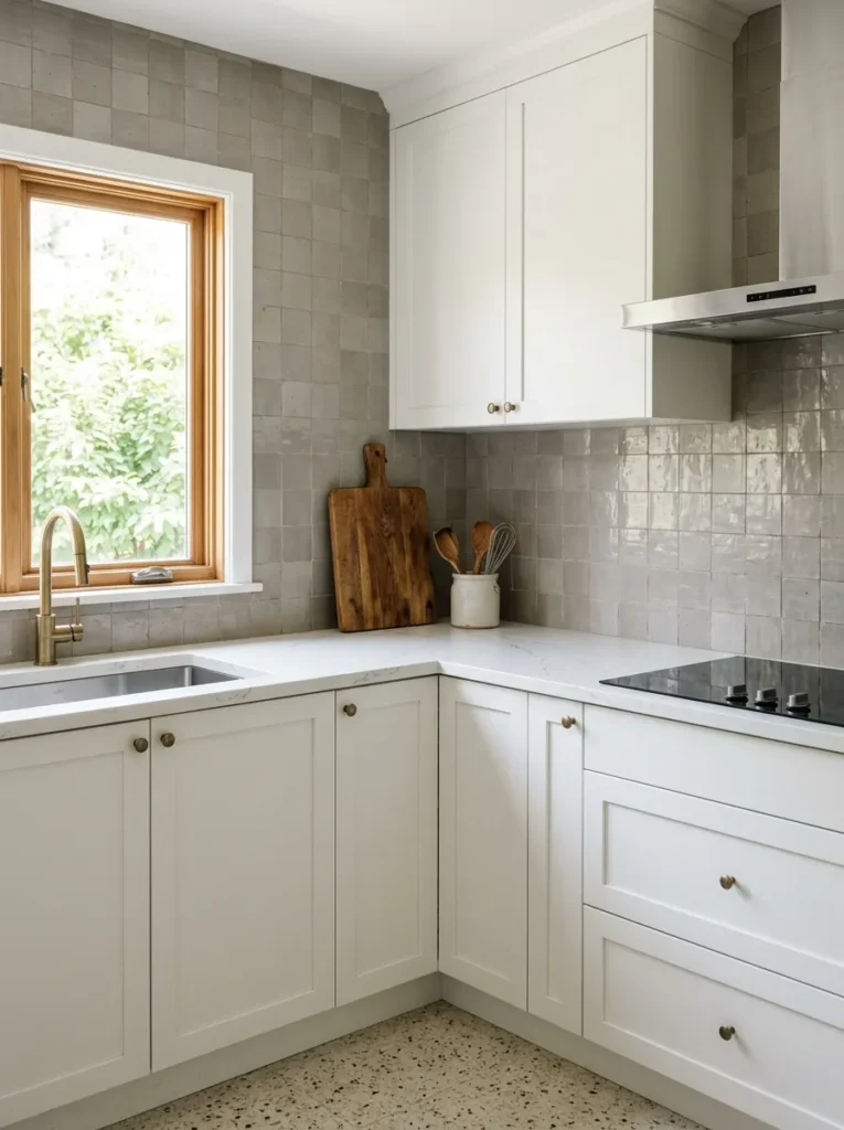 L-shaped kitchen corner with an intentionally clear countertop serving as a landing zone between the sink and cooktop
