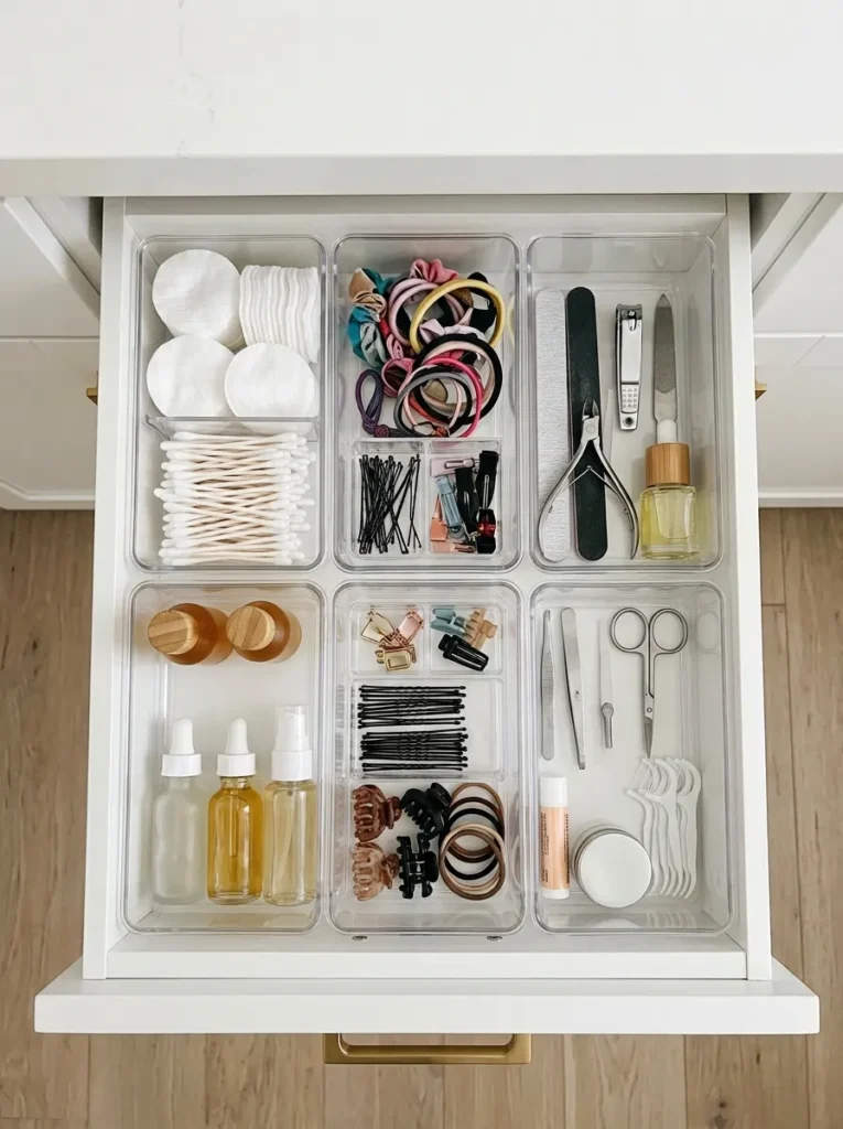 Bathroom vanity drawer organized with stackable clear containers holding cotton pads and accessories