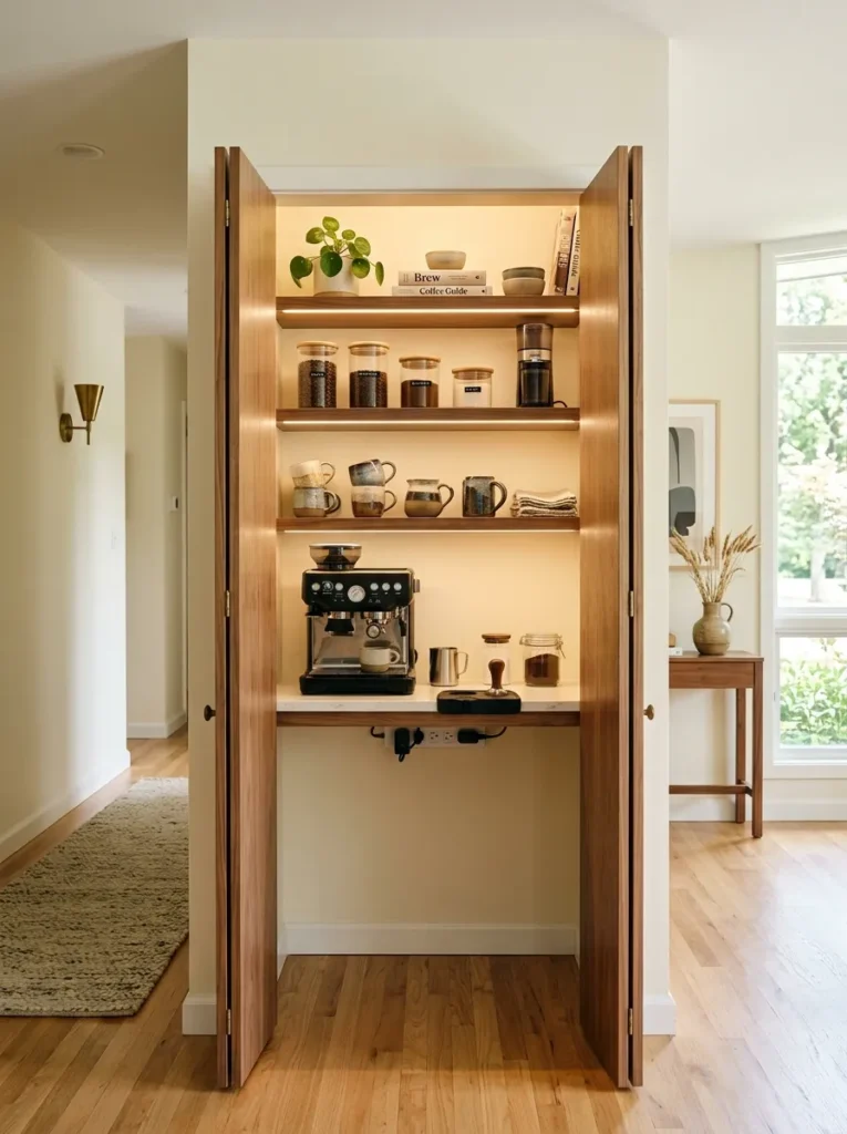  Linen closet converted into a fully stocked self-contained coffee bar with open cabinet doors