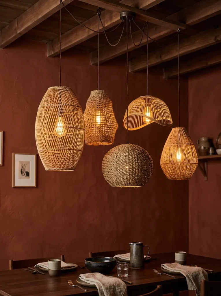 Cluster of five organic woven pendant lights hung at varying heights above a boho dining table, glowing amber in the evening
