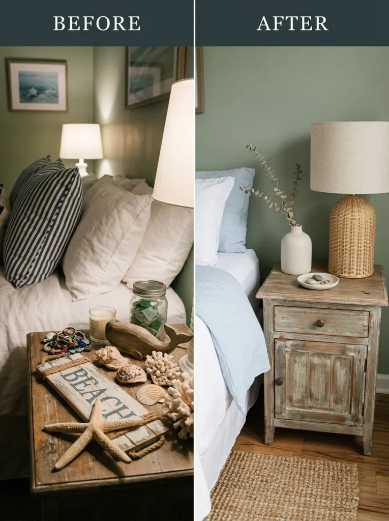 Side-by-side comparison of a coastal bedroom nightstand before and after removing kitschy themed objects, showing a refined edited arrangement
