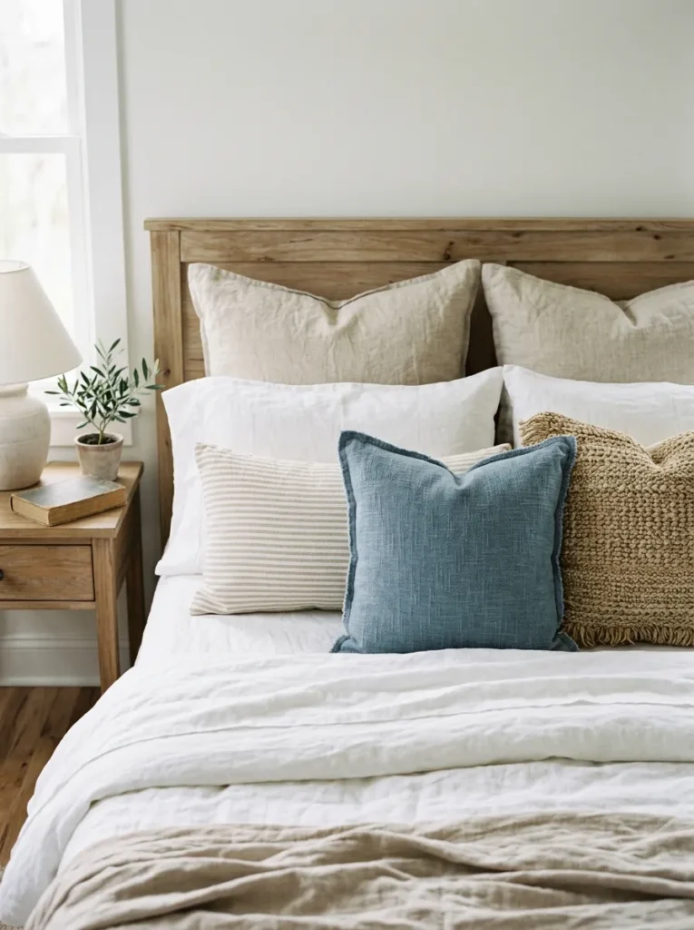 Coastal bed pillow arrangement with linen euro shams, white standard pillows, and throw pillows in subtle stripe, dusty blue, and natural weave
