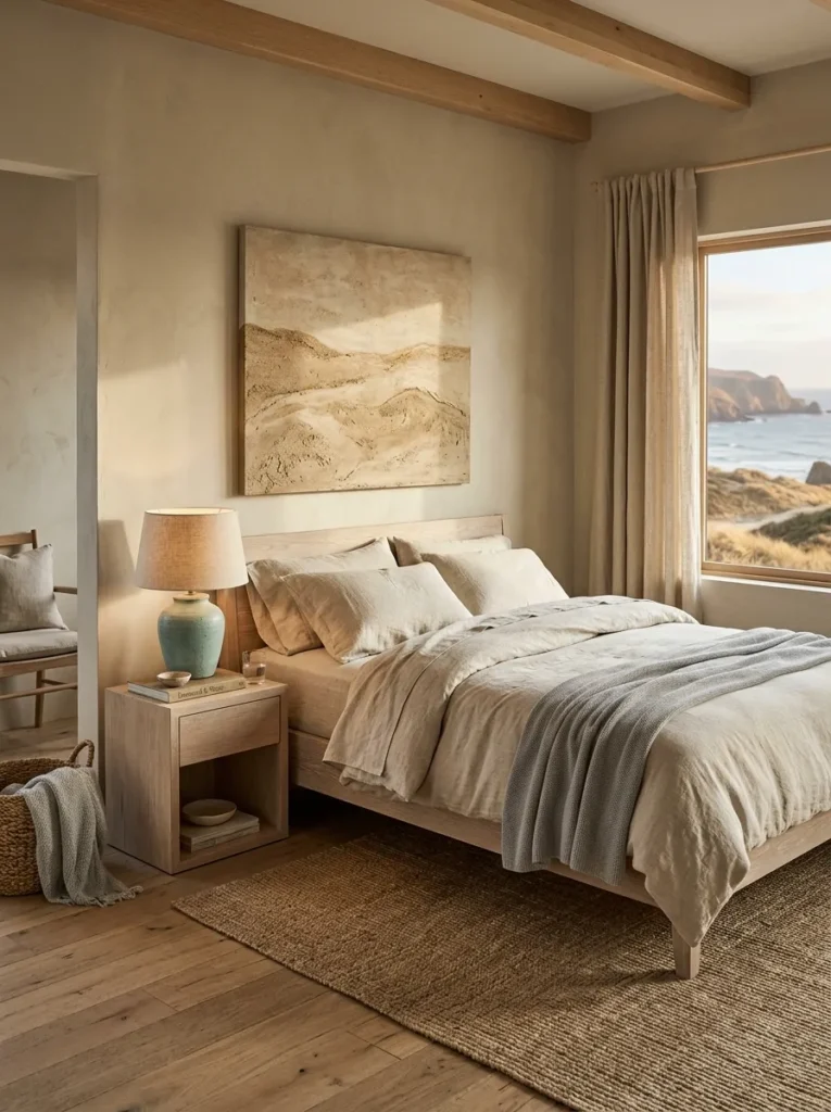 Coastal bedroom with sandy greige walls, bleached oak furniture, natural linen bedding, and a single dusty aqua lamp as accent
