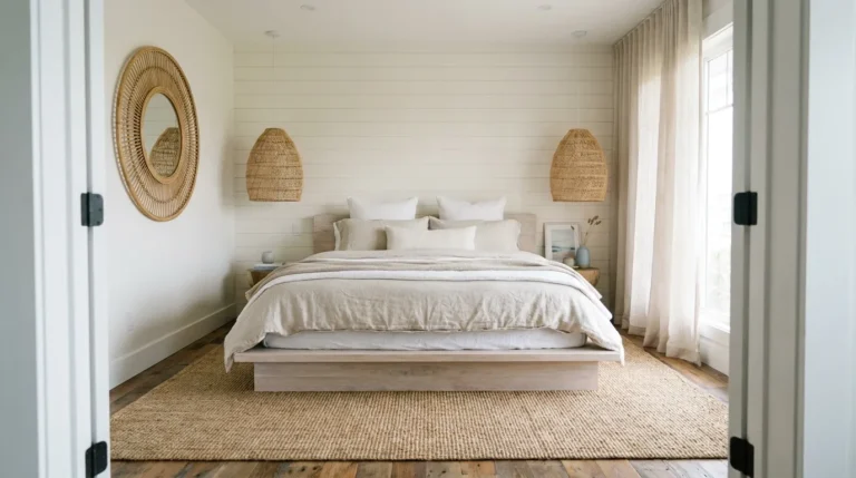 Coastal bedroom with a whitewashed oak platform bed, layered linen bedding, shiplap wall, and rattan pendants in soft morning light