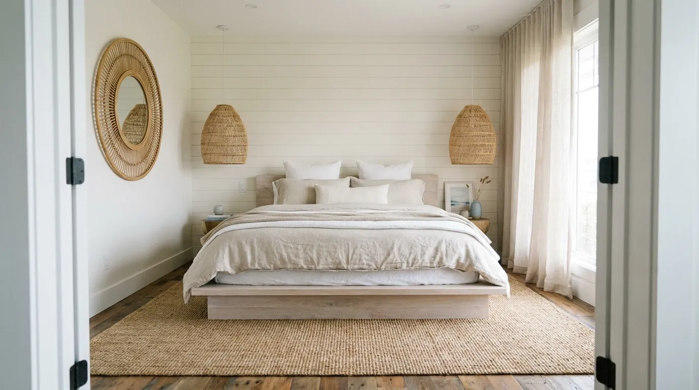 Coastal bedroom with a whitewashed oak platform bed, layered linen bedding, shiplap wall, and rattan pendants in soft morning light
