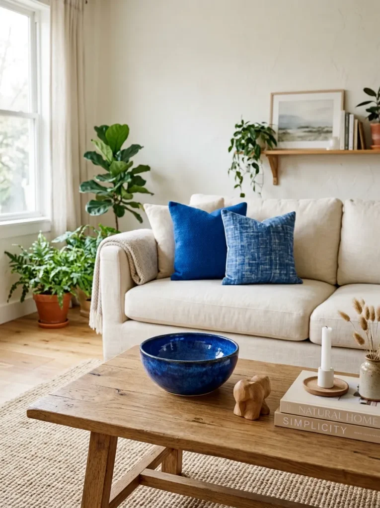 Cobalt blue ceramic bowl on a neutral coffee table echoing the blue cushions on the cream sofa behind it as the room's only colour accent
