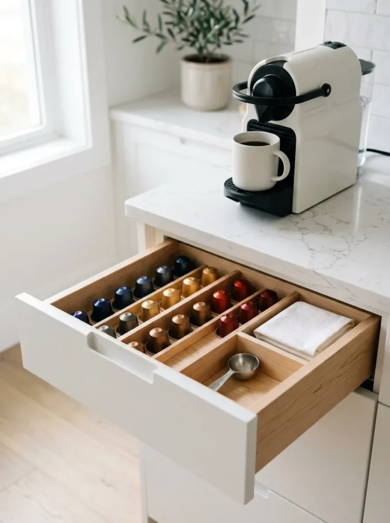 Organized coffee pod and accessory drawer open beneath a coffee machine on a kitchen counter