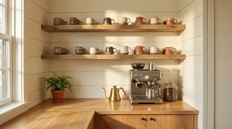 Cozy organized coffee station on a kitchen counter with open shelves, ceramic mugs, and a brass kettle