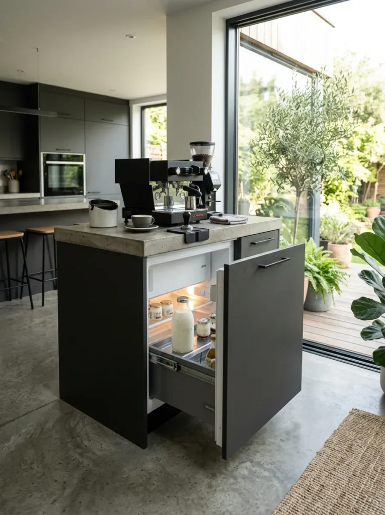  Dedicated coffee counter with an undercounter drawer refrigerator below for fresh milk