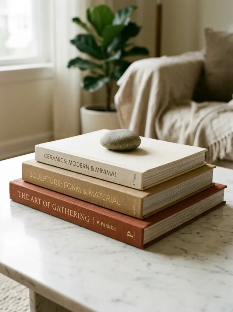 Three large-format hardcover books stacked on a coffee table with a smooth stone on top, covers in warm cream and terracotta tones
