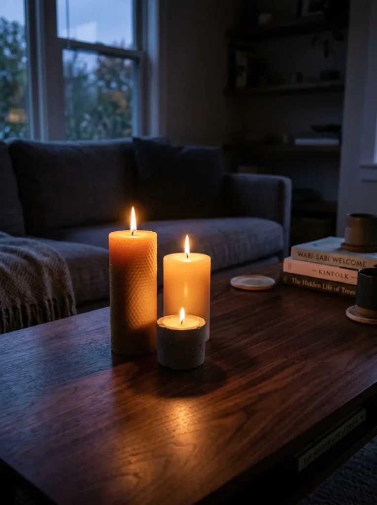 Three lit pillar candles at varying heights grouped on one end of a dark walnut coffee table, casting warm amber light in early evening

