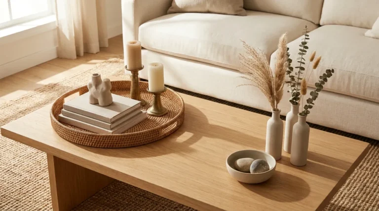 Oak coffee table styled with a rattan tray holding books and candles on one side and a cluster of bud vases with dried stems on the other