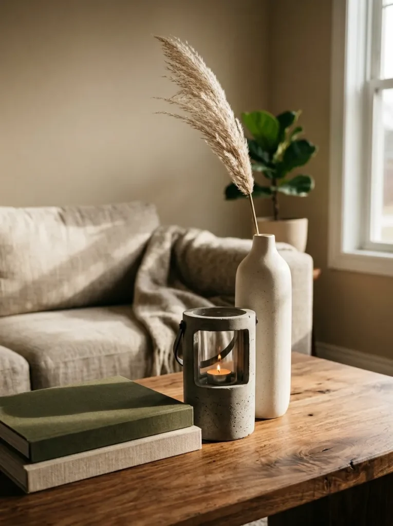 Coffee table arrangement showing three height levels: a tall ceramic vase, a medium concrete lantern, and a flat book stack on a walnut surface
