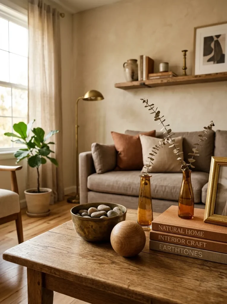 Coffee table arrangement of brass bowl, wooden sphere, linen-covered books, and amber glass vase reflecting the room's warm material palette
