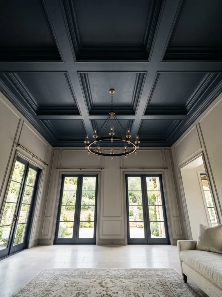  Living room with a deeply coffered plaster ceiling painted darker than the walls