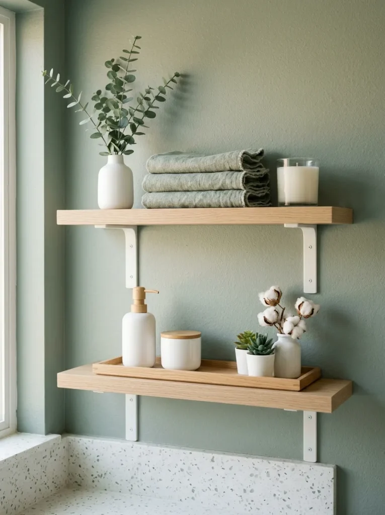 Two floating bathroom shelves on a sage wall with a cohesive white, wood, and green color palette throughout
