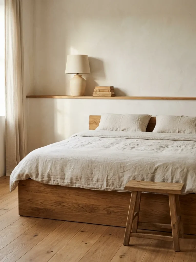 Minimal bedroom using solid oak consistently across the bed frame, floating shelf, stool, and wide-plank flooring