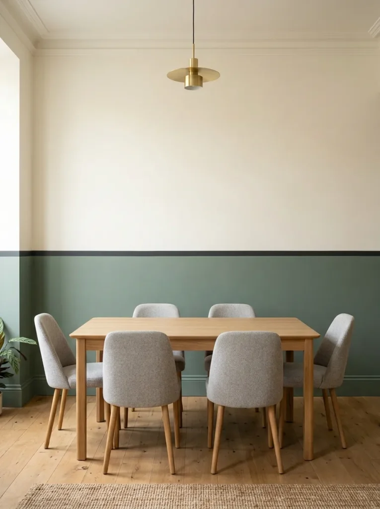 Dining room wall color-blocked in sage green below and warm cream above, divided by a precise horizontal charcoal stripe

