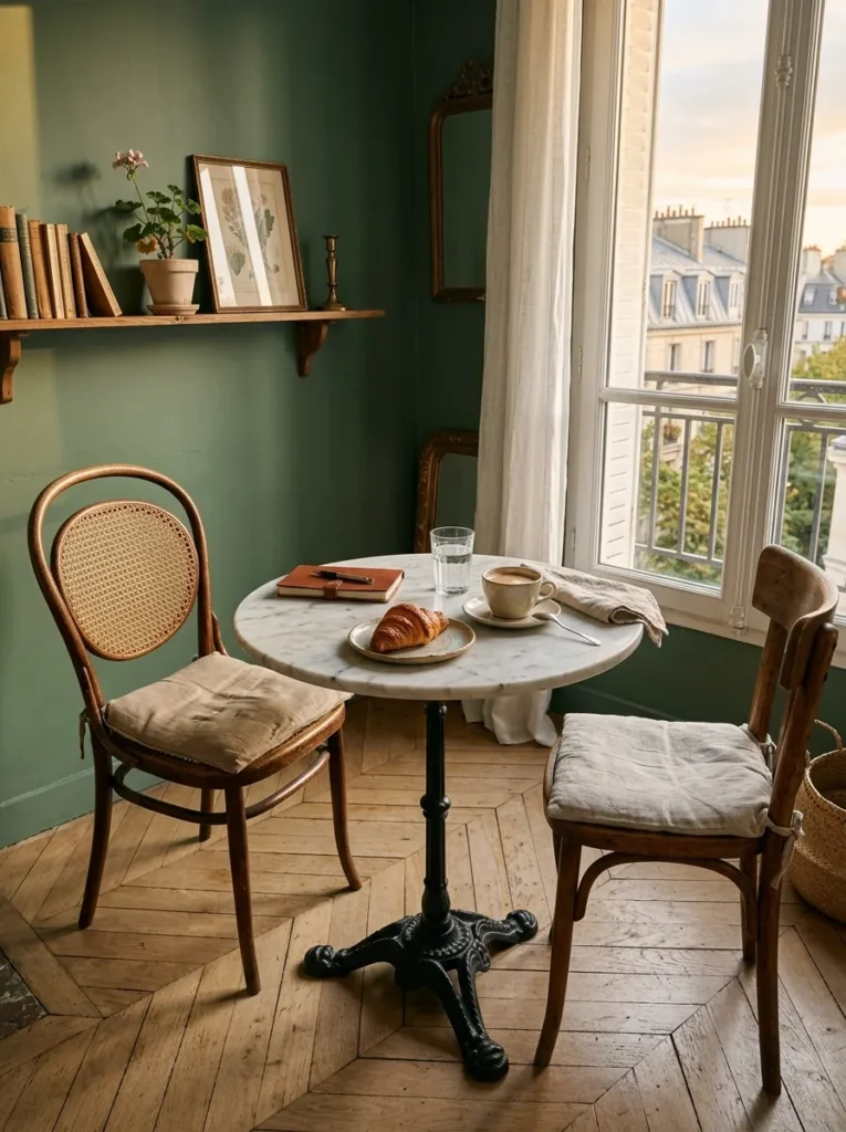 Round honed marble bistro table with cast iron pedestal base beside tall casement windows in a Parisian apartment breakfast corner.
