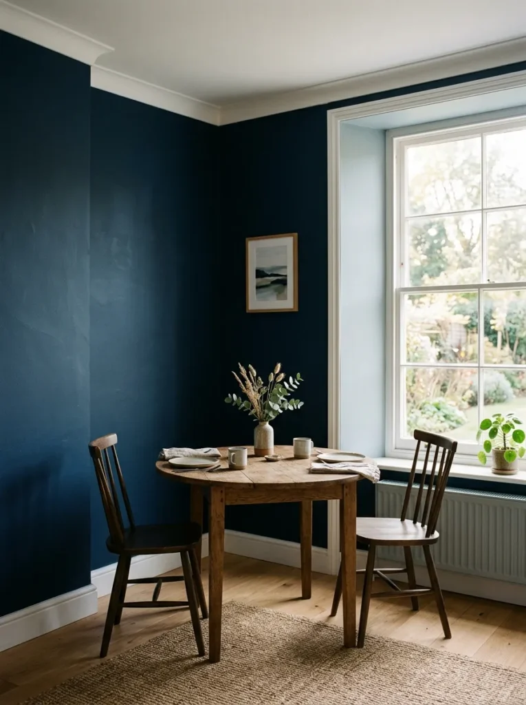 Small dining room with three deep navy walls and one lighter dusty blue wall opposite the window, with a small round table and two chairs
