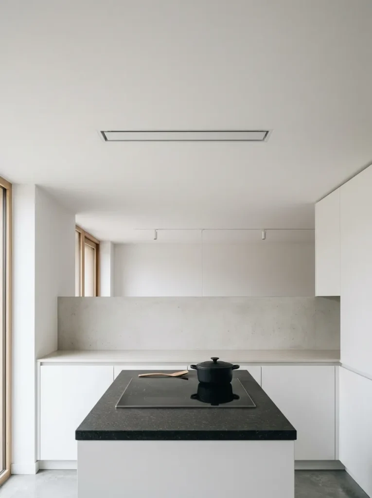 Contemporary kitchen with a flush recessed ceiling extractor grille above the hob, maintaining an uninterrupted white ceiling plane
