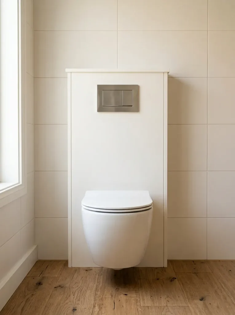 Back-to-wall rimless toilet with only a flush plate visible, concealed cistern in a wall panel, against warm white bathroom tile