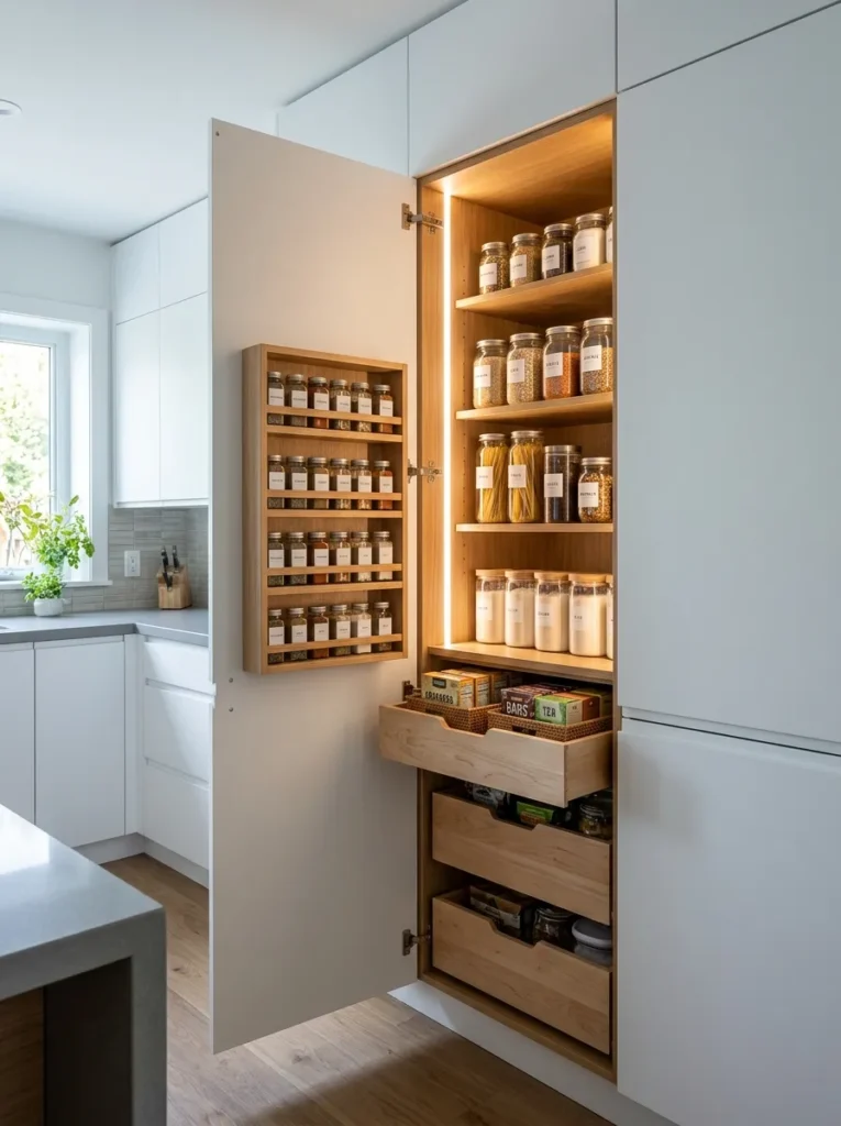 Flush-fronted concealed pantry door slightly ajar to reveal organized shelving, matching the surrounding white kitchen cabinet run
