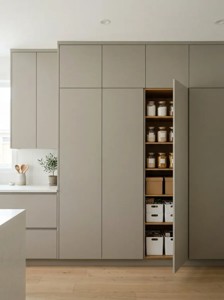 Floor-to-ceiling putty-grey matte kitchen cabinetry forming a concealed pantry wall, with one door open to reveal organized shelves of glass jars and labeled boxes inside
