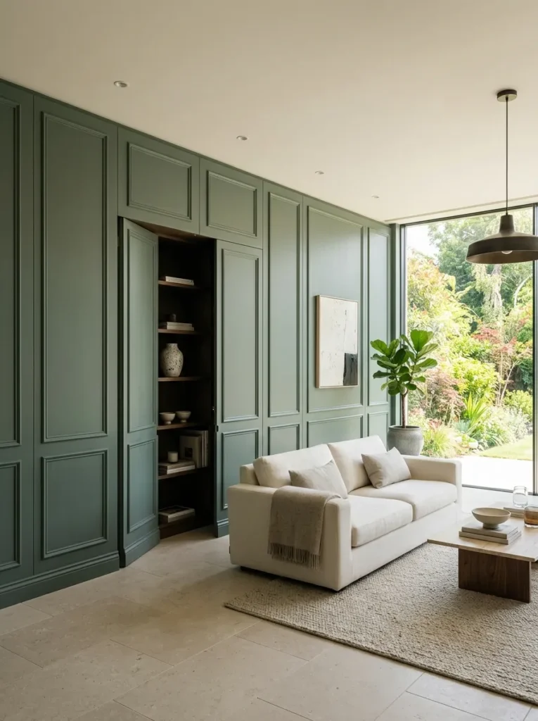 Luxury living room with flush-mounted panel doors concealing storage within the paneled wall