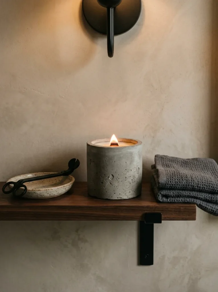 Matte concrete candle on a dark walnut bathroom shelf beside a ceramic dish and folded charcoal towel
