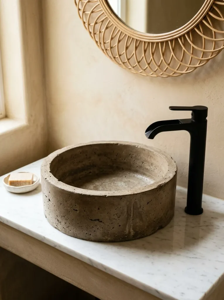 Raw concrete vessel sink on a white marble powder room counter with a matte black waterfall faucet and a rattan-framed mirror above
