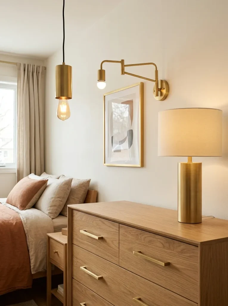 Four bedroom elements — pendant, sconce, dresser pulls, and lamp base — all in the same consistent brushed brass finish
