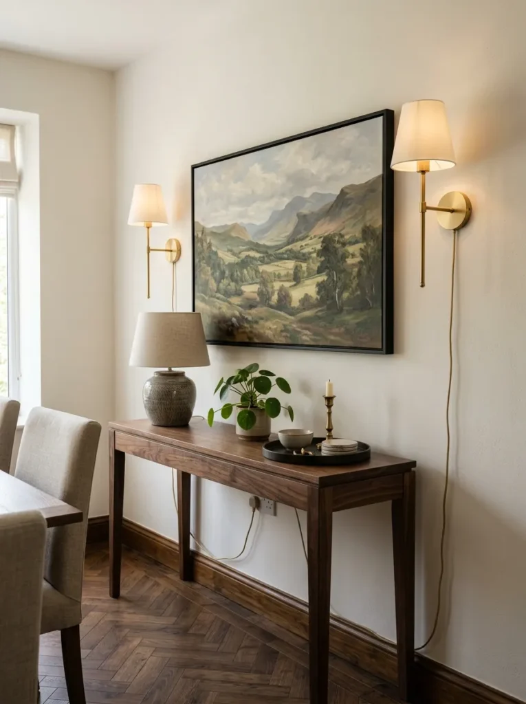 Narrow walnut console with a large painting above, brass sconces, ceramic lamp, and plant styled as a unified wall vignette
