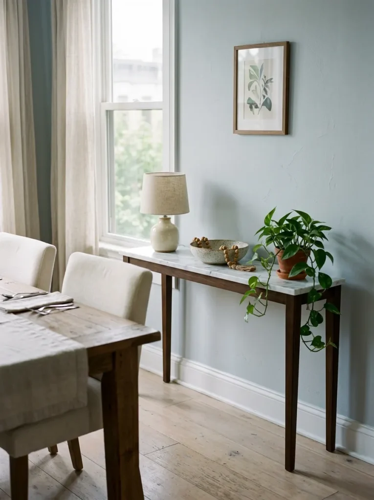 Slim console table used as a serving sideboard beside an apartment dining table
