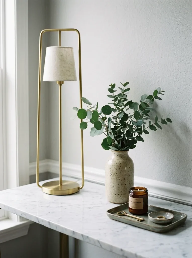 Console table styled with three graduated heights — a tall brass lamp, medium ceramic vase with eucalyptus, and low decorative tray
