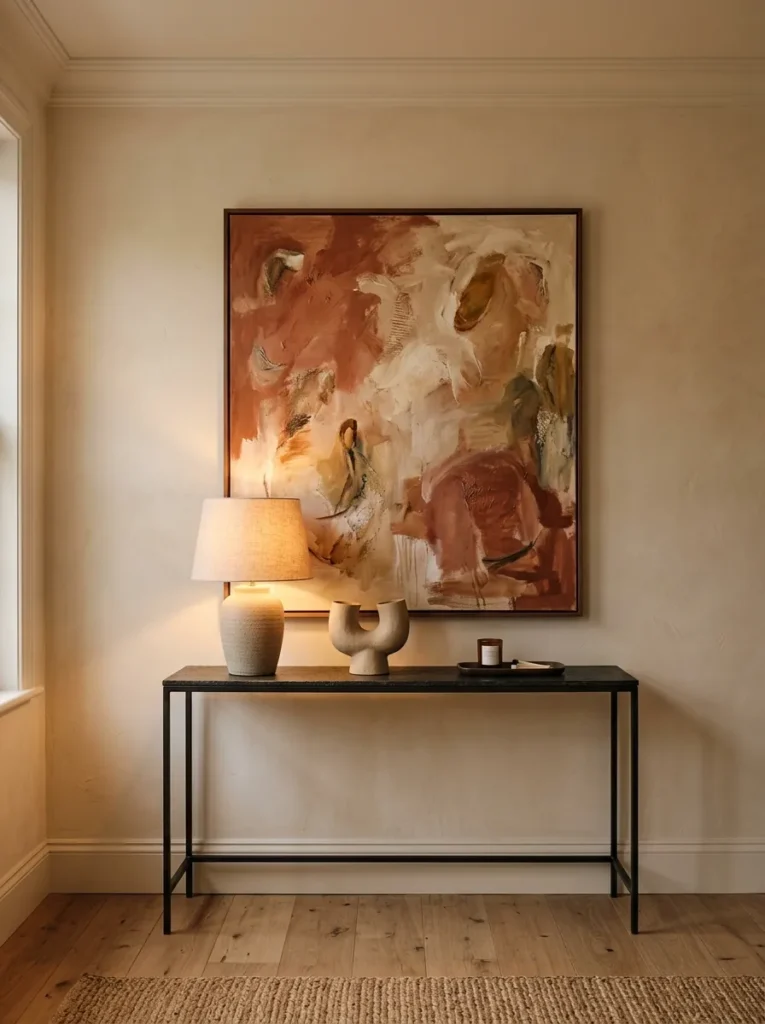 Console table and wall treated as one composition — large terracotta abstract painting above a dark iron console with lamp and ceramic
