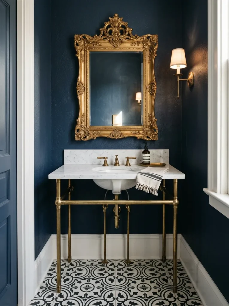 Narrow console vanity on aged brass legs in a powder room with patterned cement tile visible beneath and an ornate gold mirror above

