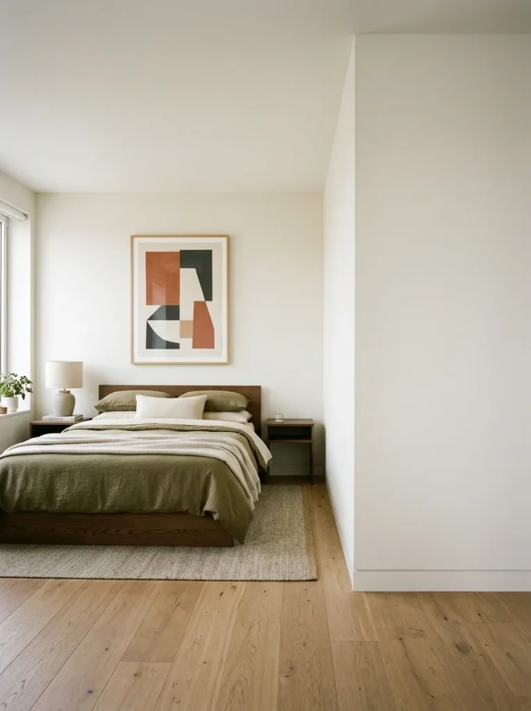 Contemporary bedroom showing one composed headboard wall beside an intentionally empty side wall, demonstrating restrained negative space
