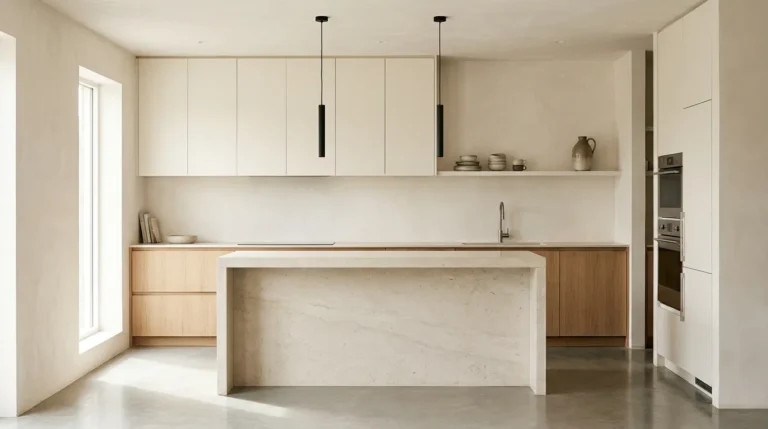 Contemporary kitchen with natural oak lower cabinets, honed limestone waterfall island, and slim black pendants in warm morning light