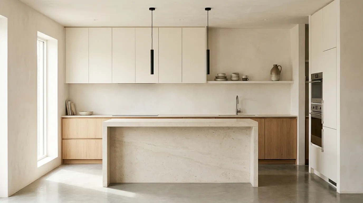Contemporary kitchen with natural oak lower cabinets, honed limestone waterfall island, and slim black pendants in warm morning light
