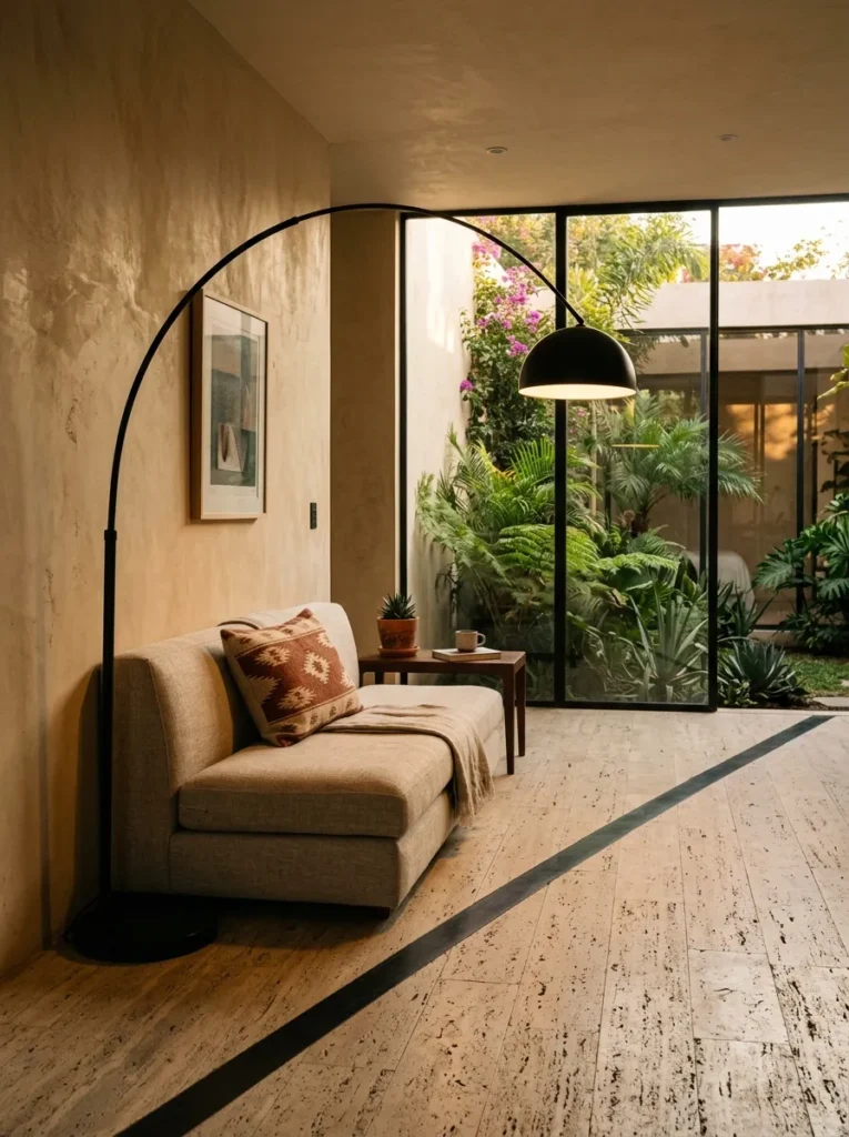 Black arc floor lamp curving light over a low sofa in a Mexico City contemporary modernist home.

