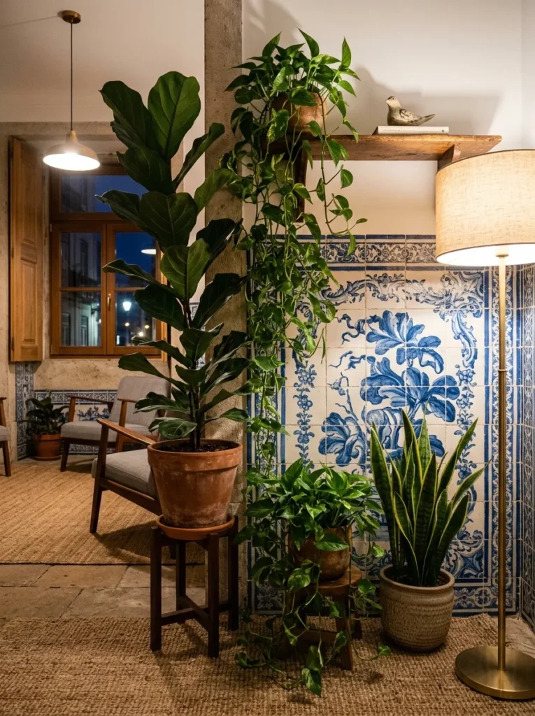 Fiddle-leaf fig, snake plant, and trailing pothos grouped together in a Lisbon contemporary apartment.

