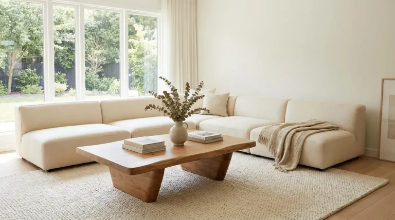 Curved low-profile sectional sofa beside a sculptural travertine coffee table in a Milan contemporary loft.