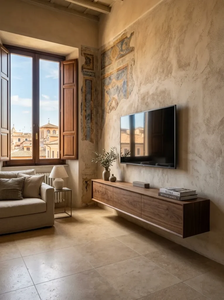Floating walnut media console mounted above a bare floor in a Rome contemporary apartment.

